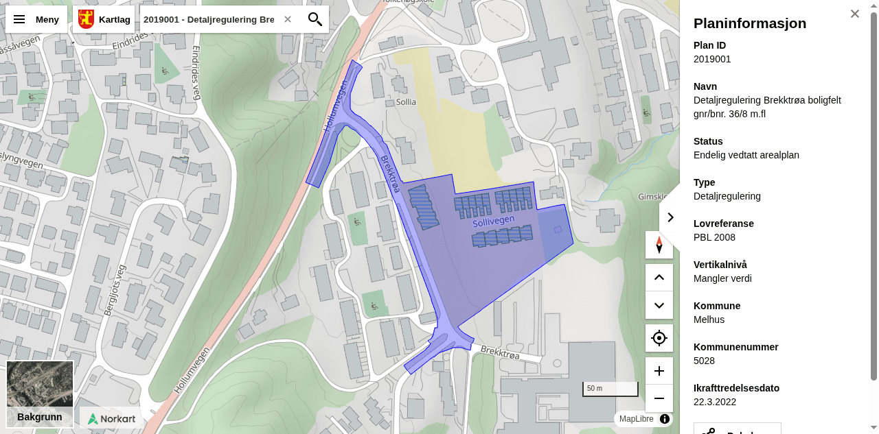 Plankart som viser reguleringsområdet for Brekktrøa boligfelt på Gimse i Melhus