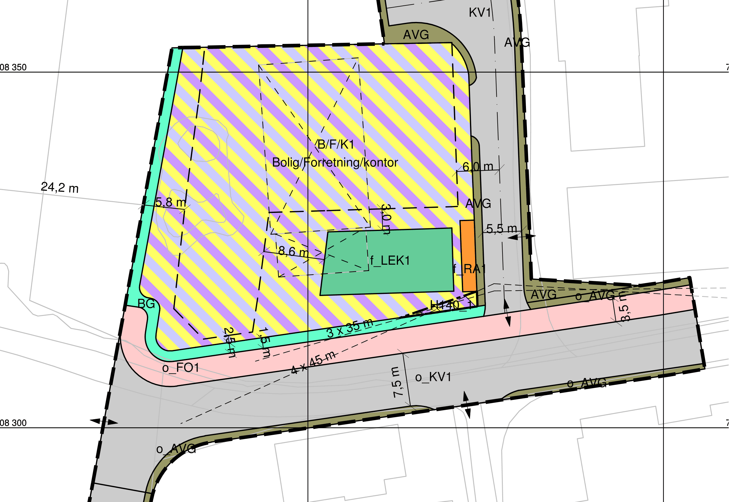 Utsnitt av revidert plankart for detaljregulering BKF2, del av Gråbakken i Ler, med felt for bolig/forretning/kontor, lekeplass, renovasjonsanlegg og atkomstveg.