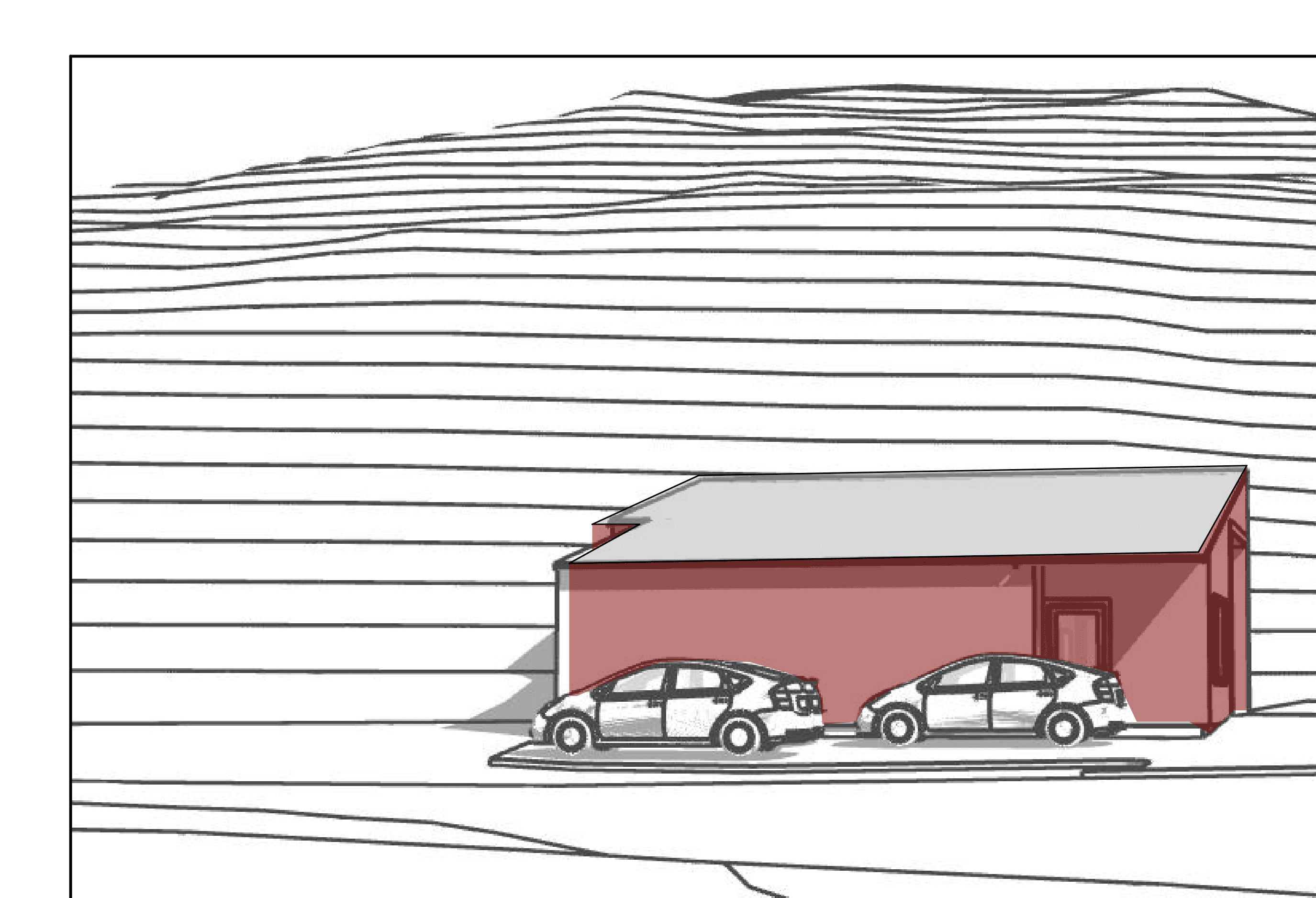 Arkitekttegning av den planlagte nye brannstasjonen på Gåsbakken – rødt bygg med grått tak og to parkerte biler foran