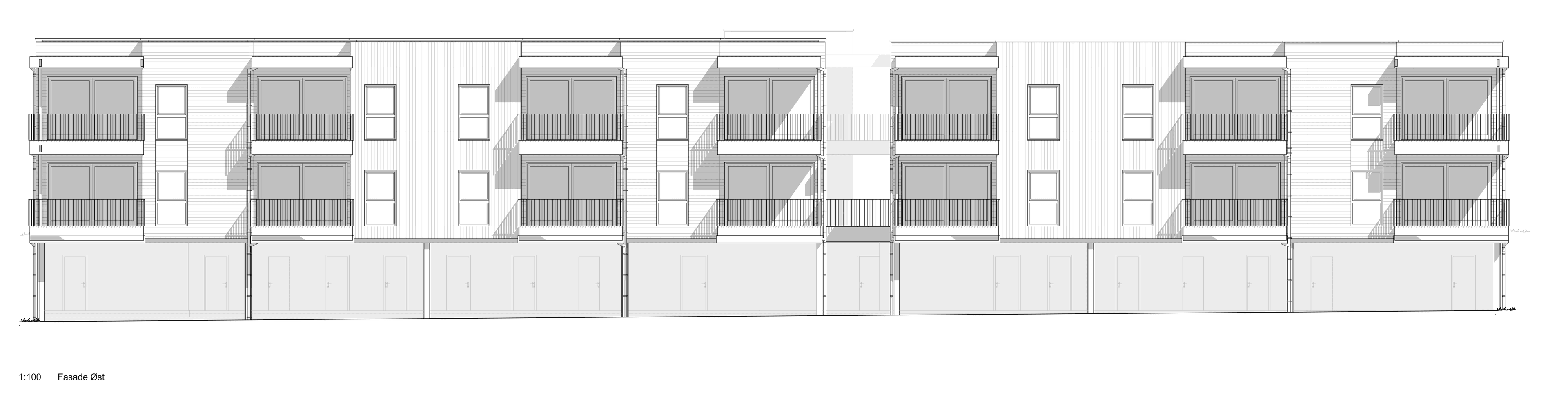 Arkitekttegning av østfasaden til lavblokka i felt BKS5 på Brekktrøa boligfelt, Gimse