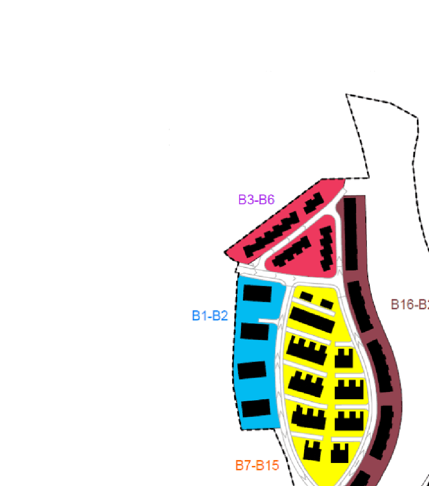 Fargekodet plan-skisse for Tambartun-utbyggingen, med byggefeltene B1–B20 i ulike farger og svarte bygningsavtrykk.