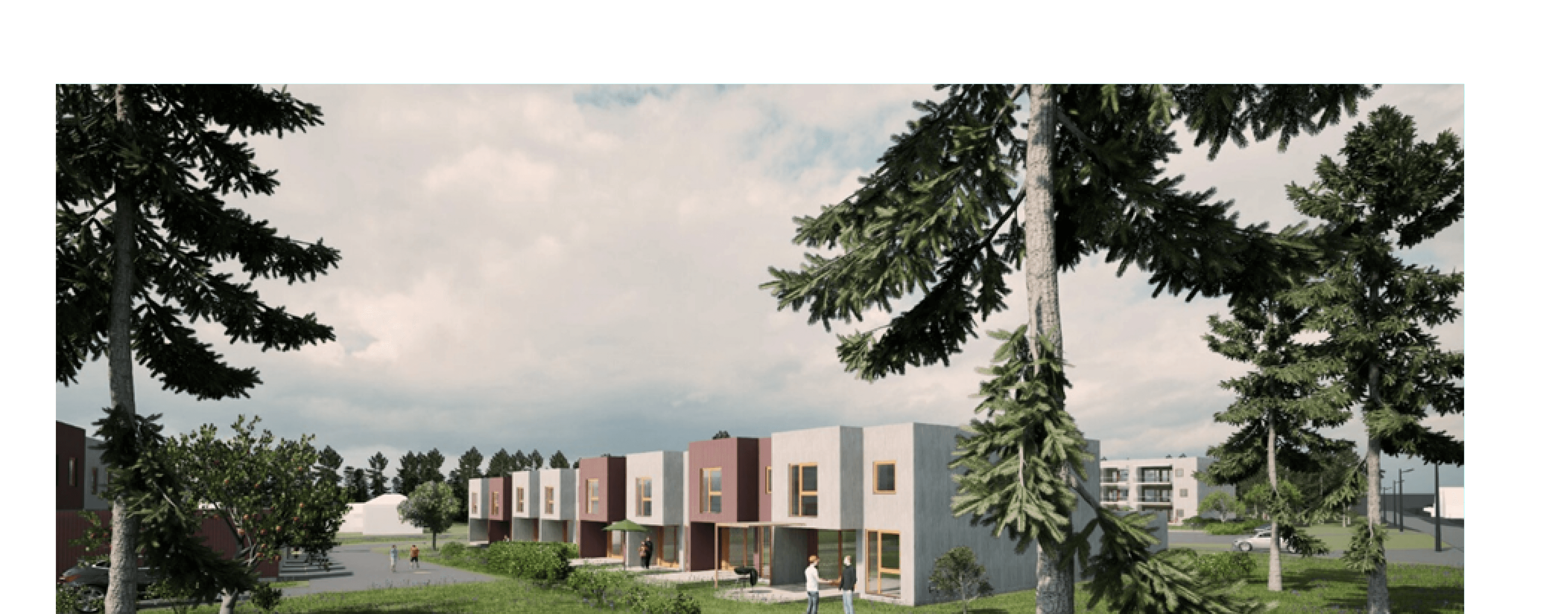 Arkitektillustrasjon av det planlagte Kroken-boligområdet på Brekkåsen med rekkehus og lavblokk mellom furutrær.