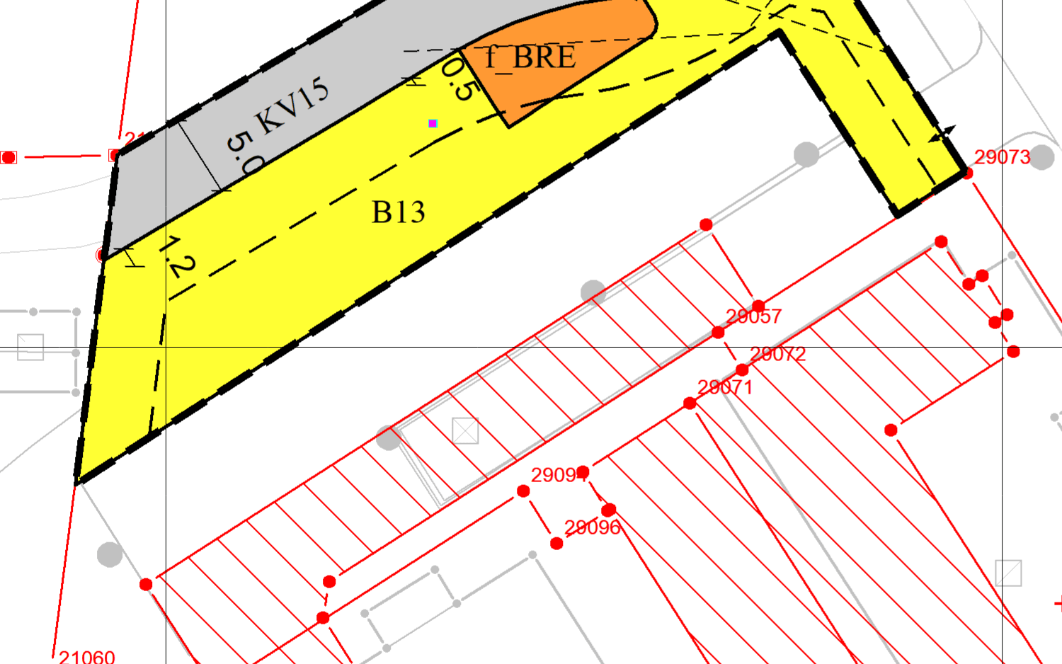 Plankart som viser boligfelt B13, renovasjonsareal f_BRE og kjøreveg KV15 i Melhustunet.