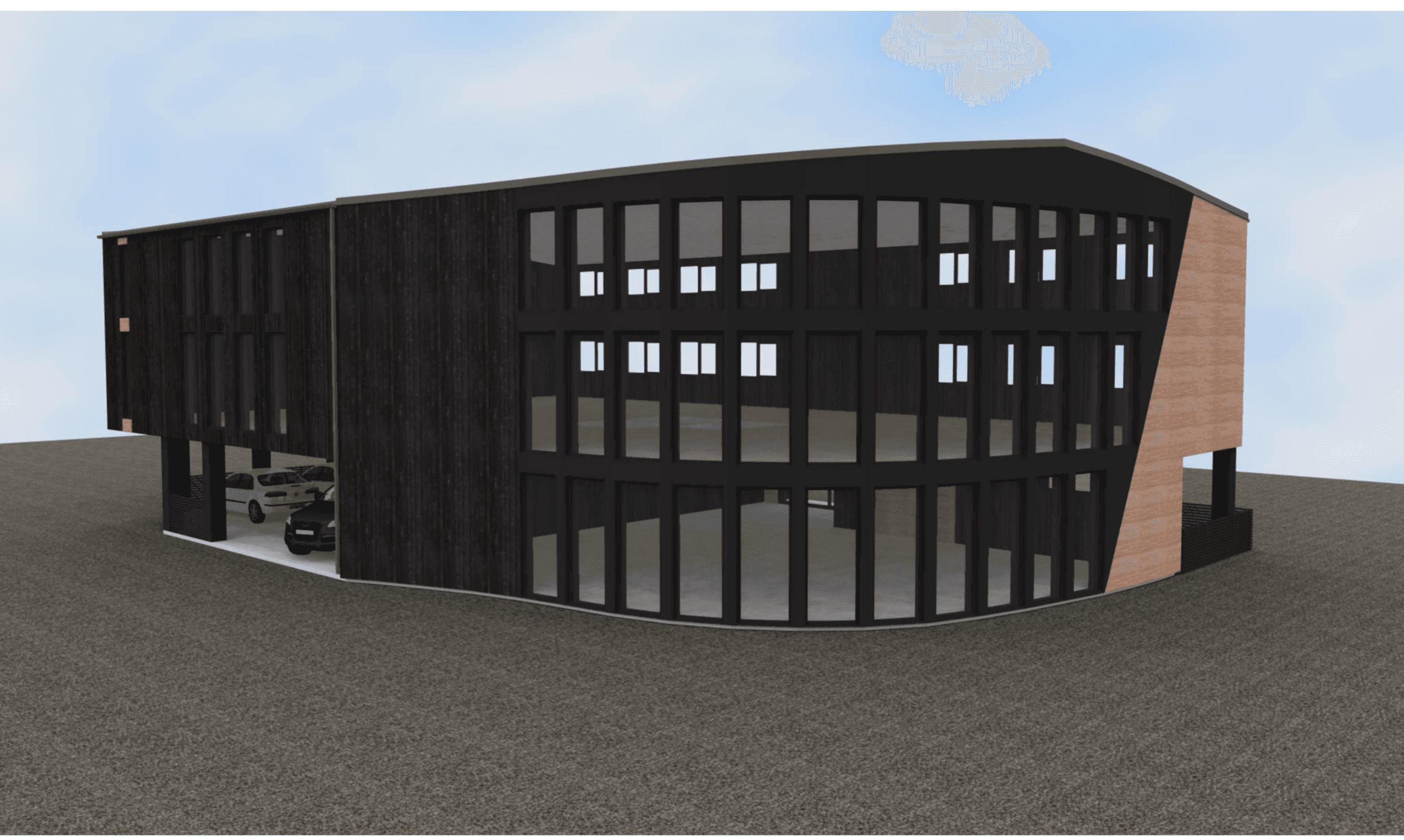 3D-illustrasjon av det planlagte tre etasjers næringsbygget i Storsandvegen 2