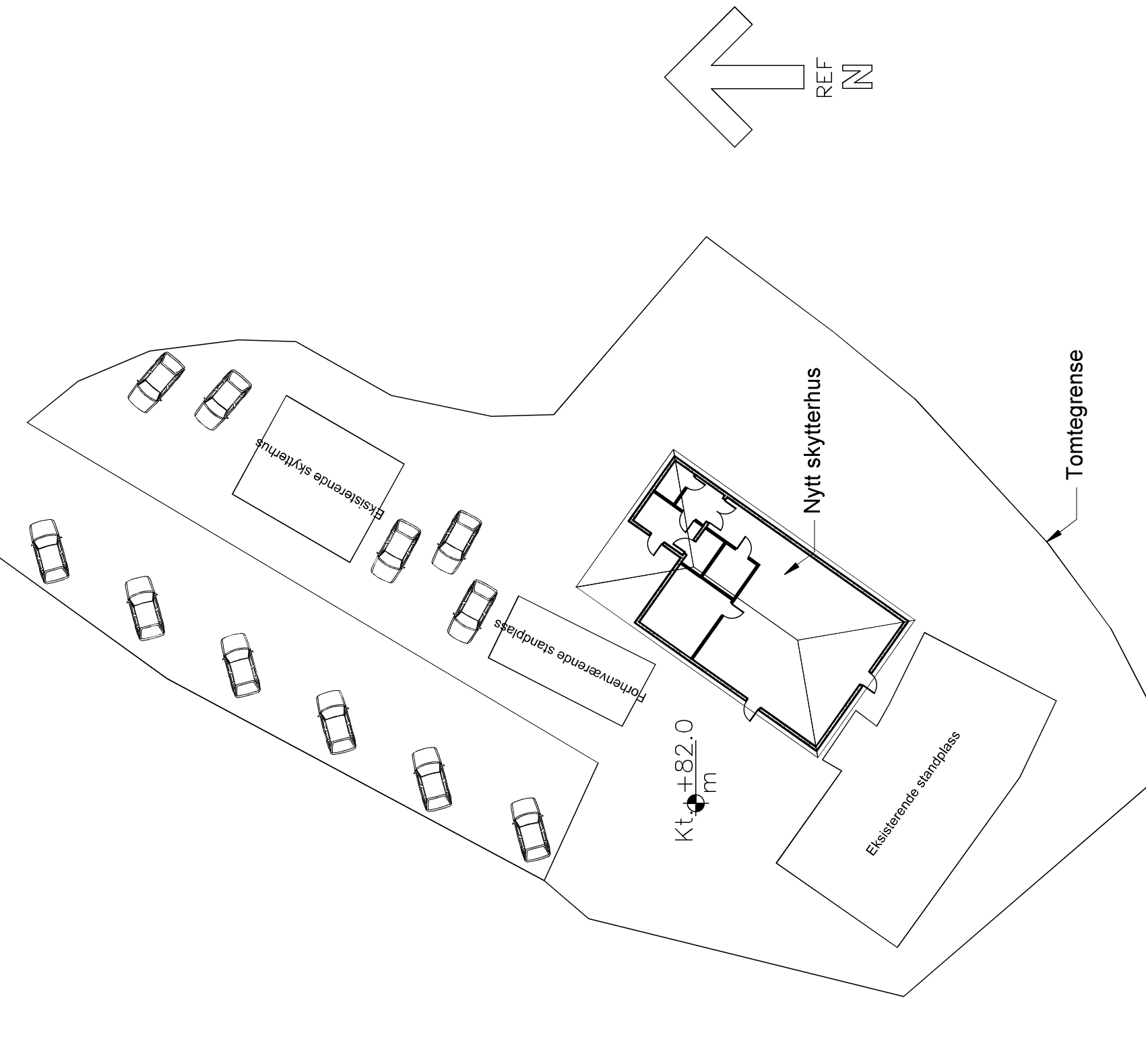 Utomhusplan for Horg skytterbane i Gaudalen, med det nye skytterhuset tegnet inn ved siden av eksisterende bygg og standplass.