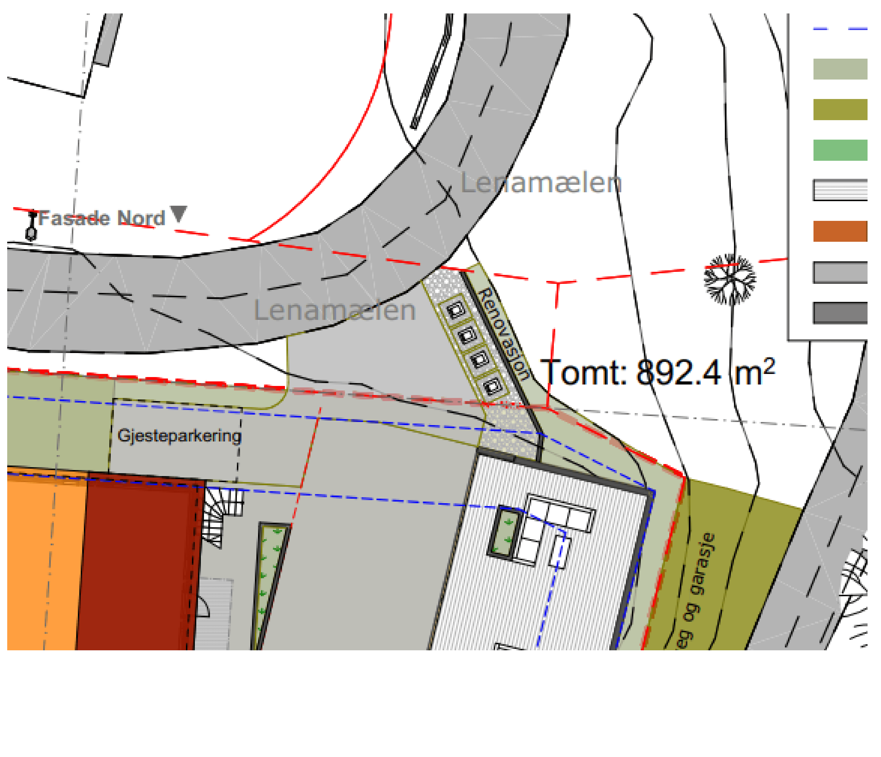 Situasjonsplan for Lenamælen 35 med den svingete adkomstveien, felt merket «Gjesteparkering» og et renovasjonspunkt langs veikanten.