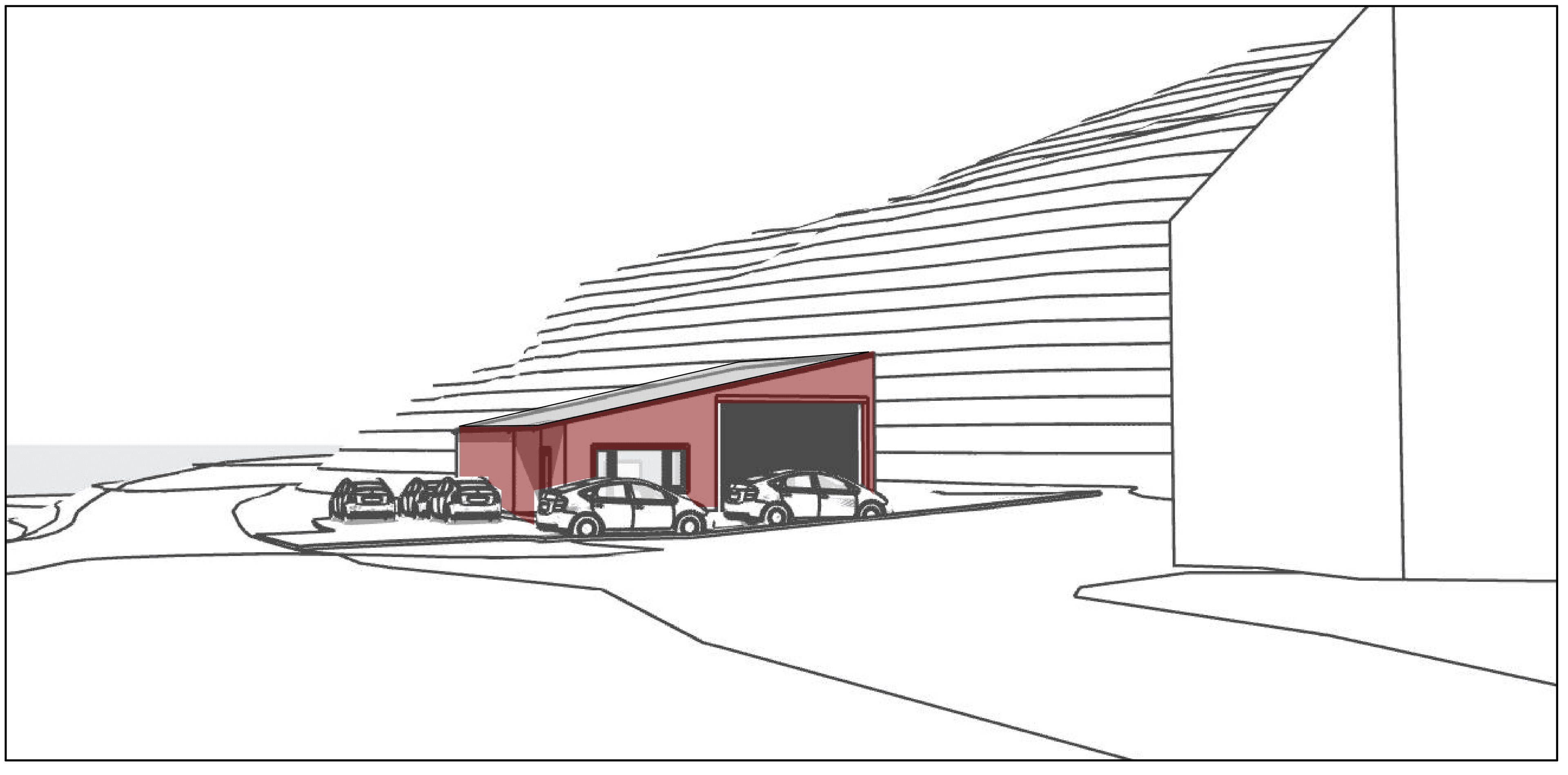 Arkitekttegning av ny brannstasjon på Gåsbakken, sett fra Hølondvegen mot øst