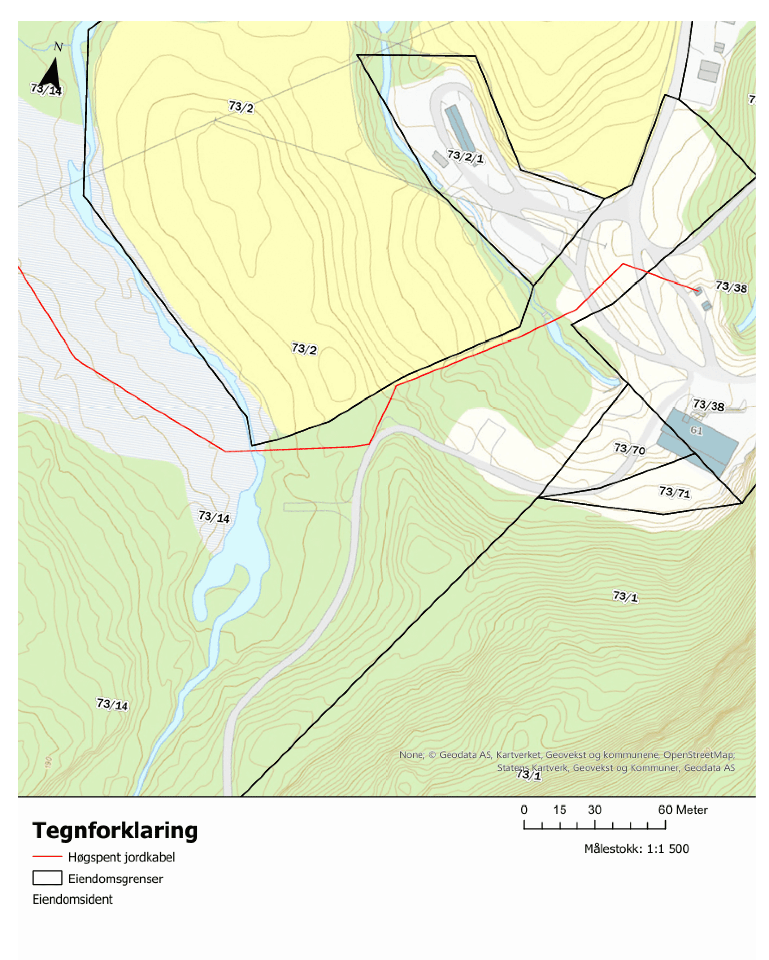 Kart som viser planlagt trasé for høyspent jordkabel i rødt, og de to punktene der kabelen krysser under elva Loa nord for Benna i Melhus.
