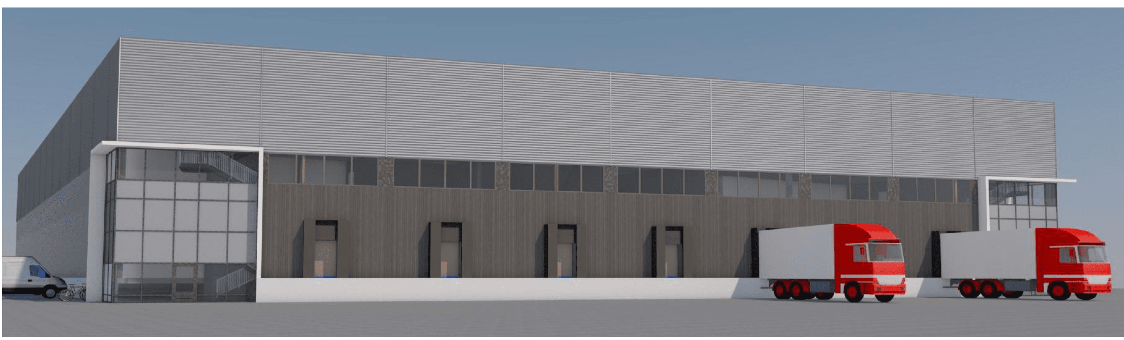 Arkitektillustrasjon av det planlagte lager- og fryselagerbygget på Kvams Minde, sett fra vest med lasteramper og to lastebiler.
