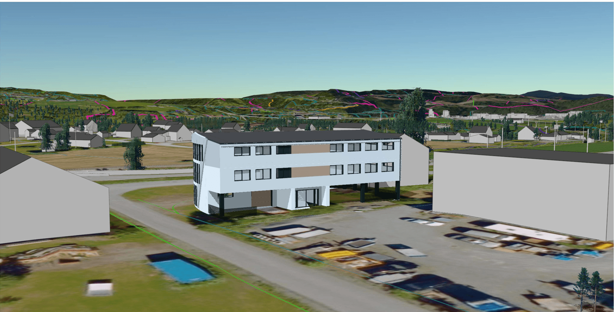 3D-illustrasjon av det planlagte næringsbygget i Storsandvegen 2 i Melhus, sett fra luften med omkringliggende bebyggelse