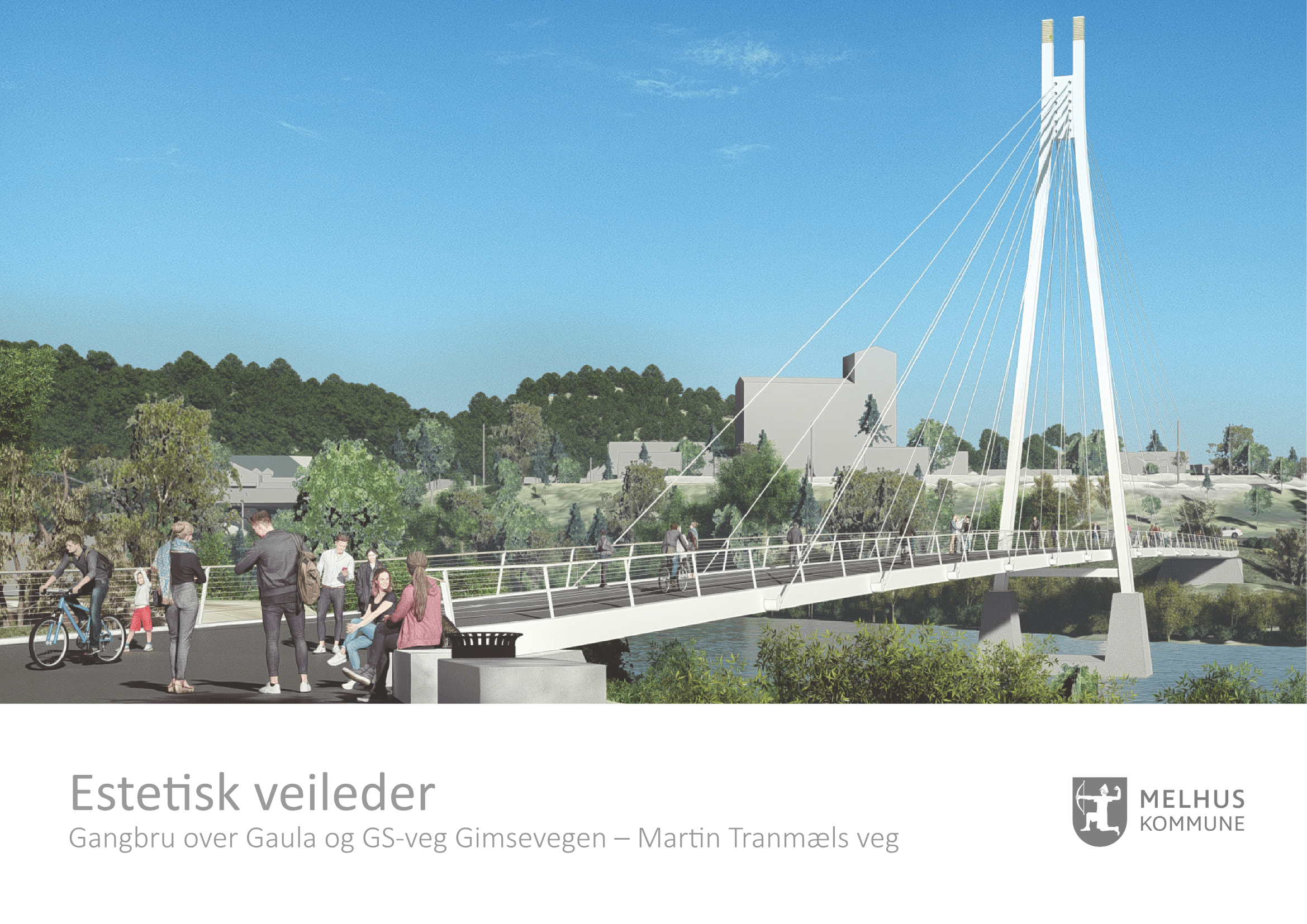 3D-visualisering av den planlagte gang- og sykkelbrua over Gaula i Melhus, sett fra østsiden