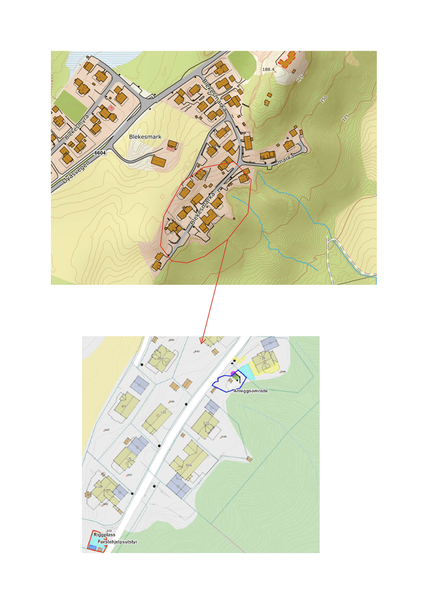 Kart fra Melhus kommune som viser rigg- og anleggsområdet for ny avløpspumpestasjon på Blekesmarka