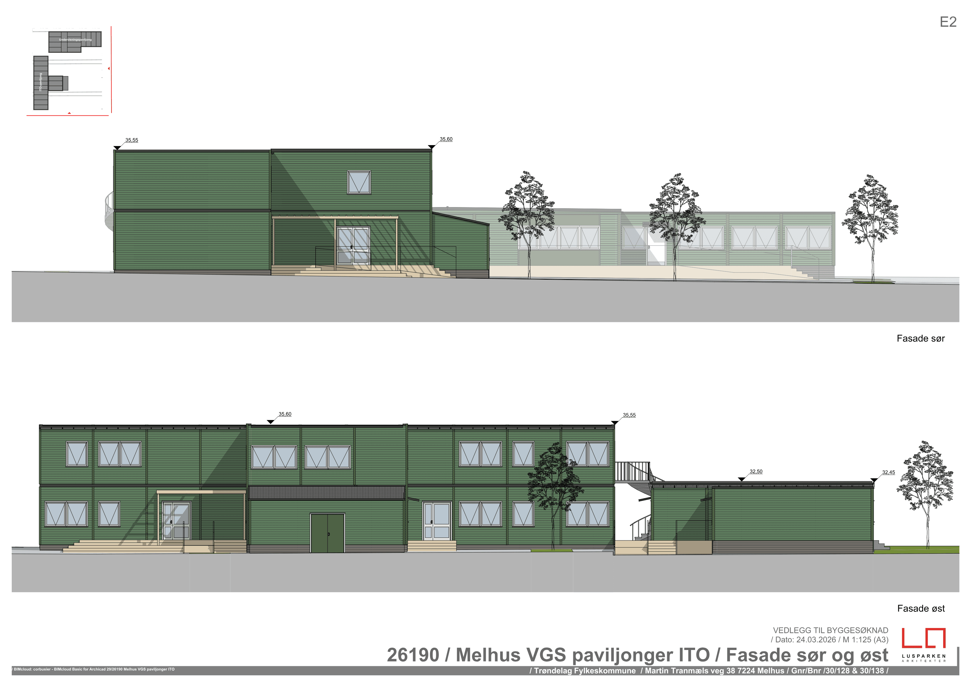 Fasadetegning (sør og øst) av de planlagte undervisningspaviljongene ved Melhus videregående skole