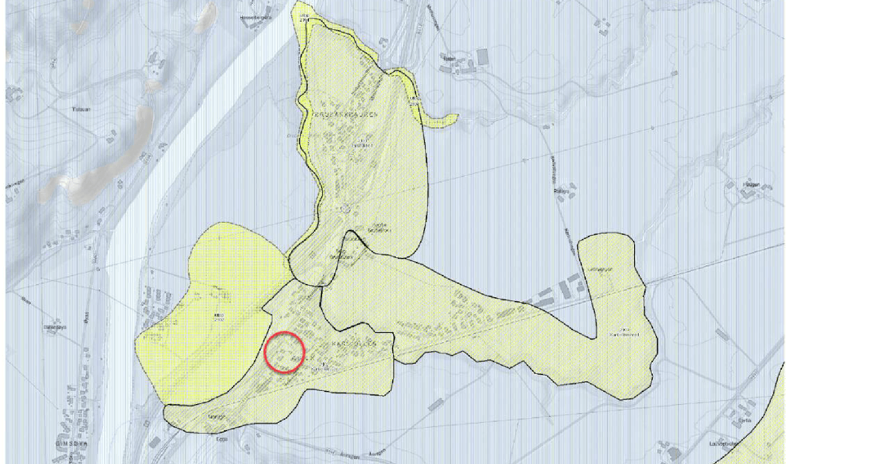 Kart over kvikkleiresonen Karivollen sør (2102) ved Gylle i Melhus, med planområdet markert med rød sirkel