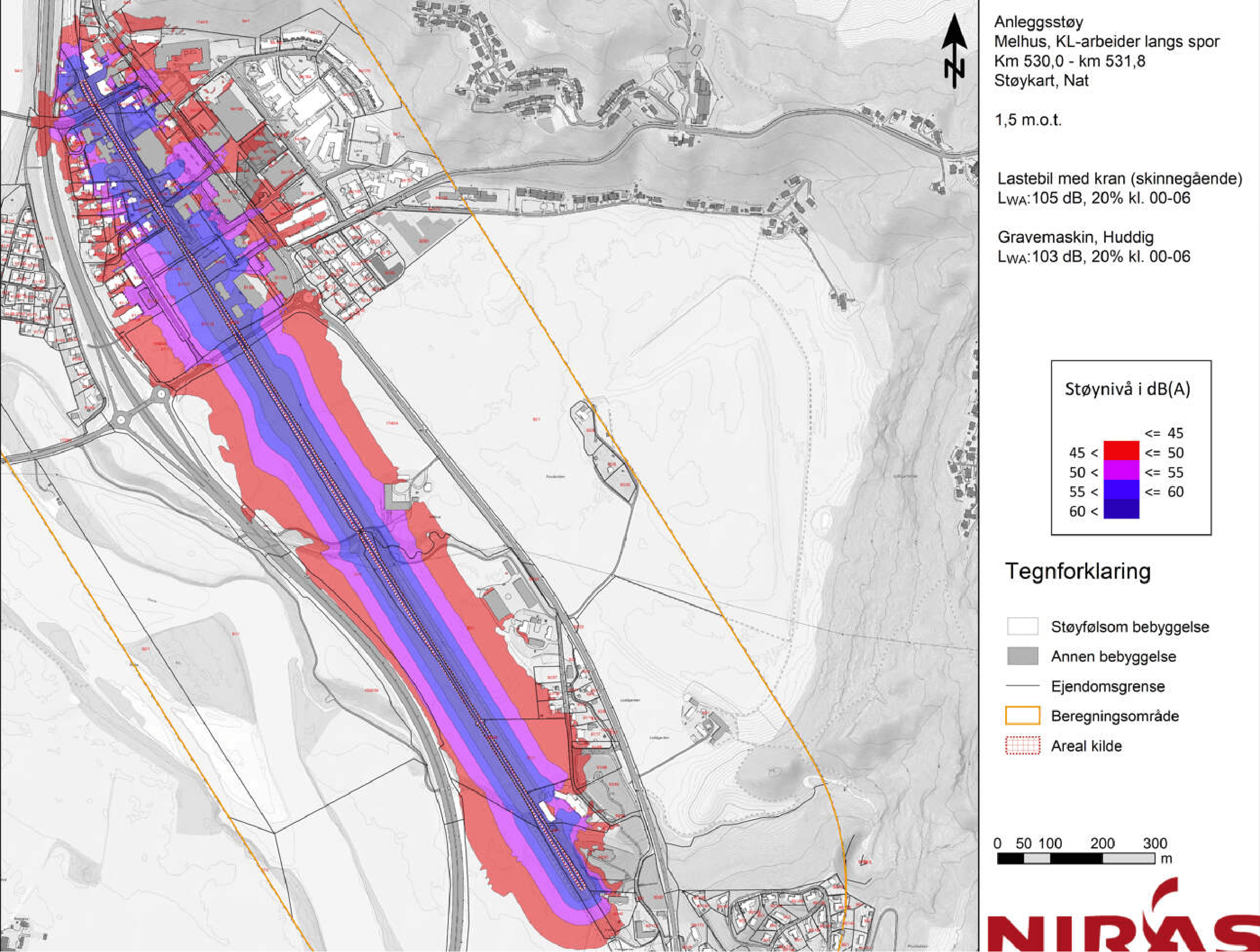Støysonekart som viser beregnet nattstøy langs Dovrebanen gjennom Melhus sentrum, km 530,0-531,8