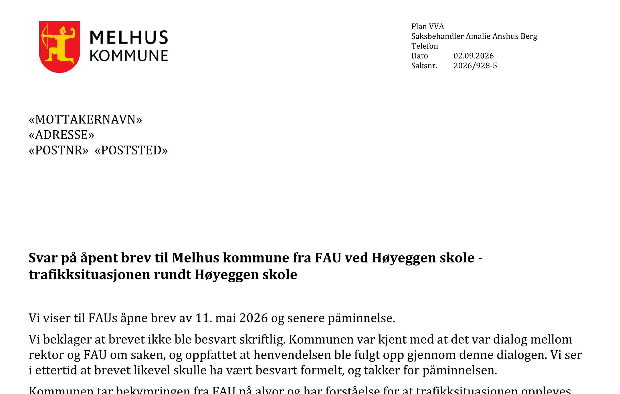 Toppen av Melhus kommunes svarbrev til FAU ved Høyeggen skole, datert 2. september 2026.